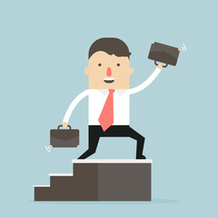 Businessman growing, walking up along stairs with a briefcase. Individual growth concept illustration