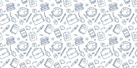 Vector education illustration with book and globe on white color background. Flat line art design of seamless pattern with phone and business case