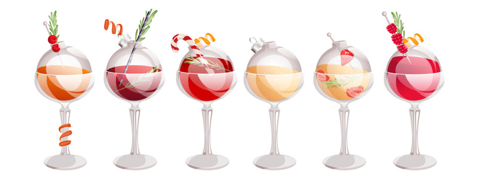 A set of Christmas glass balls with cocktails.Cocktail with raspberries, champagne with strawberries, mimosa, gin and tonic with cranberries, martini.Christmas decorations with cocktails inside.