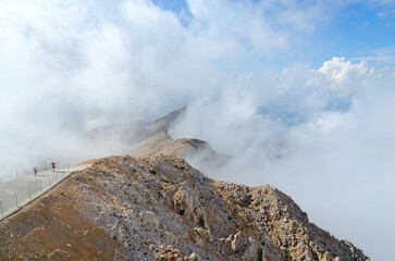 Observation deck on top of Mount Tahtali in clouds, Kemer neighborhood, Turkey