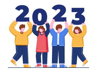 People hold 2023 numbers and together celebrate new year.
A group of people welcome the 2023 new year.
Friends celebrating and having fun at new year party. Suitable for greeting card, web, banner etc
