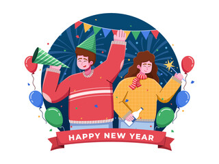 Couple celebrate new year party with  happiness and joy.
Cartoon illustration happy new year 2023.
Welcome new year with a party with friends.
Suitable for greeting card, poster, banner, web, etc