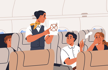 Stewardess ask passenger stop smoking in airplane on board. Flight attendant talking to smoker with cigarette, solving problem with bad behavior, breaking rules in air plane. Flat vector illustration - obrazy, fototapety, plakaty