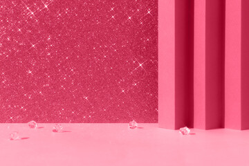 Abstract geometric magenta and shiny sparkling background with crystals for the presentation of a cosmetic product or gift. Premium podium, scene. Showcase, display case.