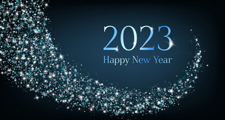 Blue 2023 Happy New Year card with confetti. 2023 holiday card, banner or party poster design with wishes of happiness in New Year night eve. Blue glitter confetti sparkles backdrop