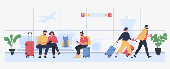 Fototapeta premium Tourists in airport. People traveling with luggage, couple sitting with baggage and waiting for flight. Man and woman with passport