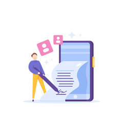 digital signatures, employment contracts or partnership agreements, digital documents and files. a businessman or user signing a document on a smartphone. illustration concept design. graphic elements