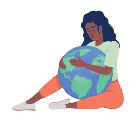 Happy woman hugging Earth semi flat color vector character. Editable figure. Full body person on white. Nature care simple cartoon style illustration for web graphic design and animation