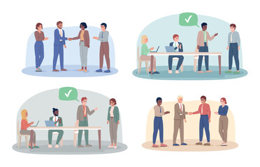 Business teamwork 2D vector isolated illustrations set. Corporate meeting flat characters on cartoon background. Colorful editable scenes collection for mobile, website, presentation