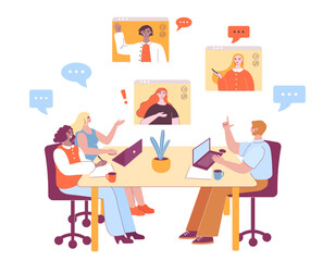 Video conference meeting. People sitting at office and having online call with team. Remote workers talking to colleagues