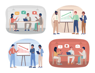 Business discussions 2D vector isolated illustrations set. Corporate strategy flat characters on cartoon background. Colorful editable scenes pack for mobile, website, presentation
