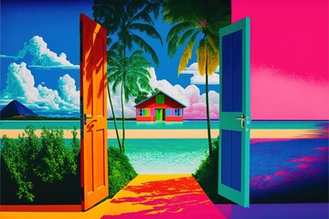 Beach house interior with wide open doors and windows with a view over the beach and summer ocean. Tropical paradise vacation in vibrant colorful pop art.