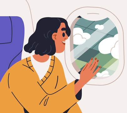 Happy Passenger Looking Out Of Window, Porthole During Air Plane Flight, Travel. Excited Woman Tourist Enjoying View On Earth From Above, Sitting In Airplane, Aircraft. Flat Vector Illustration