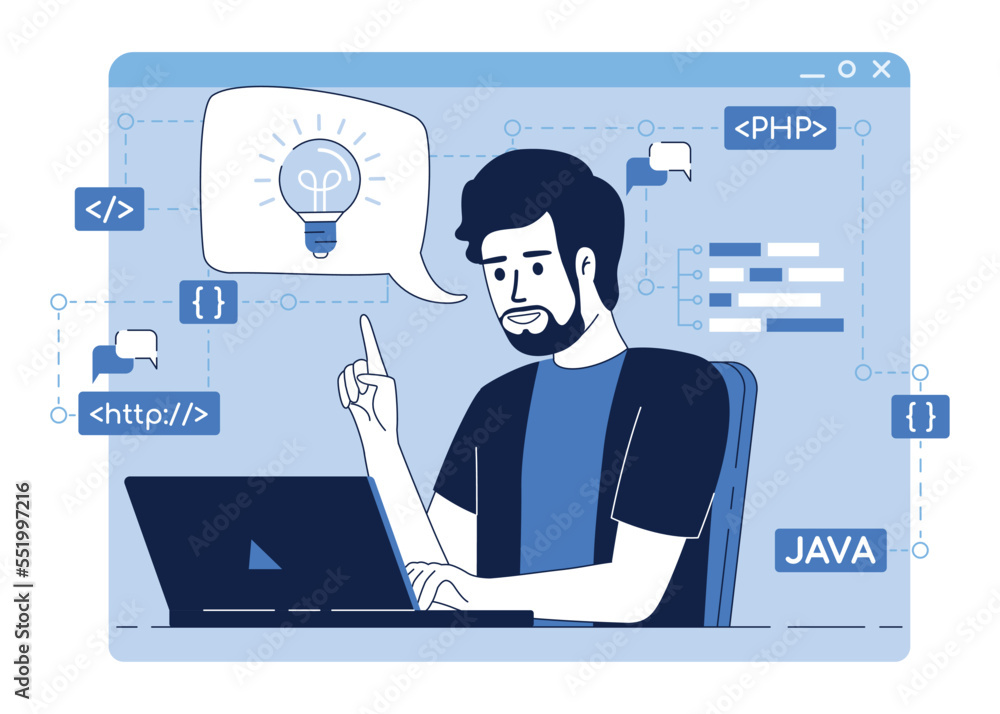 Poster app developer at work flat concept vector illustration. editable 2d cartoon character on white for w