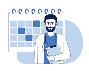 Schedule doctor appointment 2D vector isolated linear illustration. Healthcare thin line flat character on cartoon background. Colorful editable scene for mobile, website, presentation