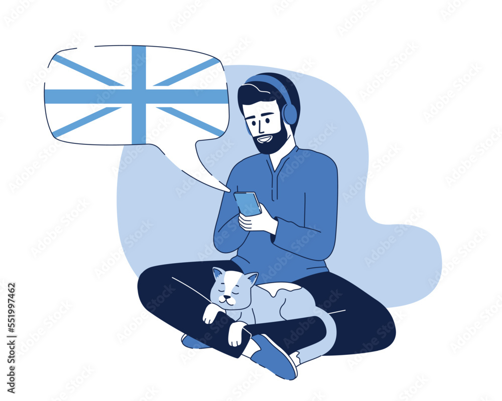 Poster learning language online 2d vector isolated linear illustration. student with cat thin line flat cha