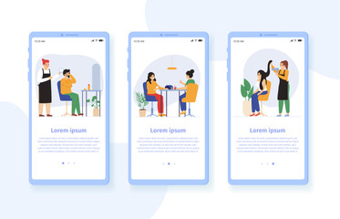 Hairdresser barbers vector mobile app set. Beauty salon providing different services as nail polish haircuts
