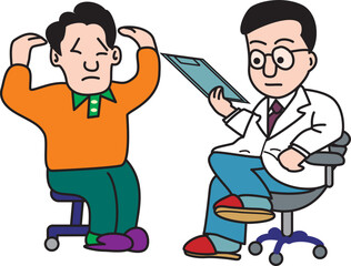 カルテを見て問診する医者と困った患者
