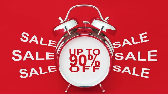 up to 90 % off sale text animation appears on retro alarm clock on red background. two versions 90 percent discount looped zoom in and out motion graphic for banner, advertising, black friday promo ad