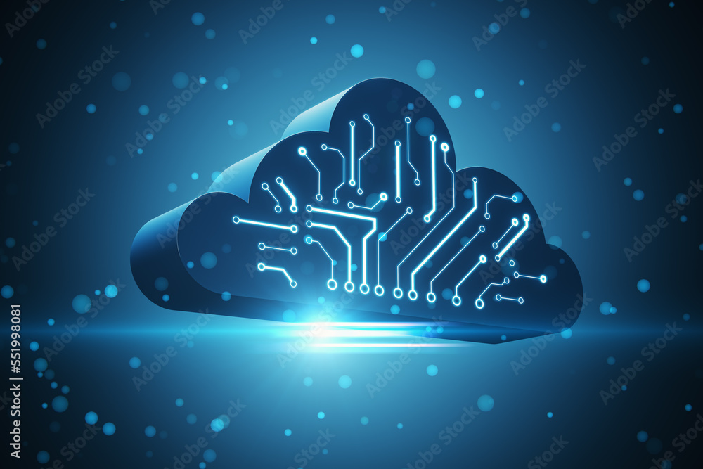 Poster Creative digital cloud circuit on blue background. Cloud computing, server and integrated digital web concept. 3D Rendering.