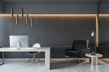 Modern concrete office interior with tile floor, furniture, equipment and lounge area. 3D Rendering.