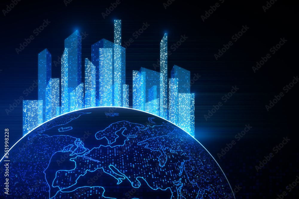Aufkleber Glowing map with city hologram on blurry backdrop. Abstract metaverse virtual reality concept building and digital map. 3D Rendering.
