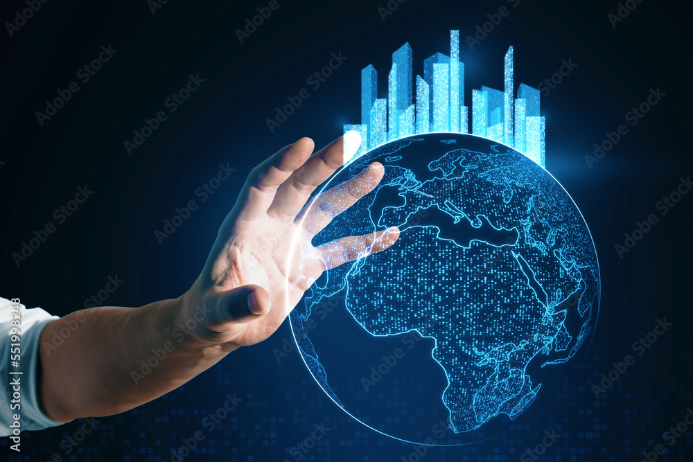 Poster close up of businessman hand holding glowing map with city hologram on blurry background. abstract m