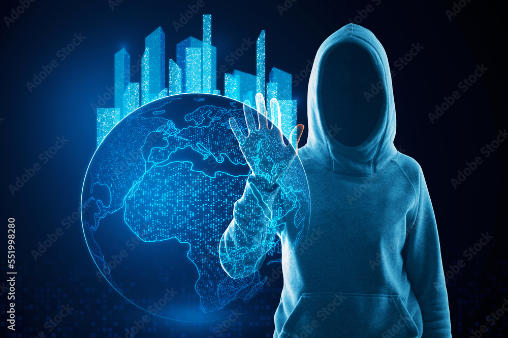 Poster Hacker using glowing map with city hologram on blurry background. Abstract metaverse virtual reality concept building and digital map.