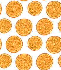 Vector seamless pattern with orange slices on white background. Texture with circle juicy fruits in row. Summer background