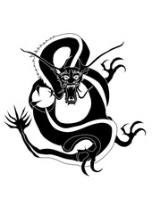 Dragon entier en noir et blanc tenant une sphère, avec beaucoup de travaille graphique et lui conférant beaucoup d'originalité.