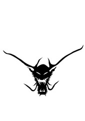 Tête de dragon en noir et blanc avec de belles cornes longue et des dents très expressives, mages très originale.