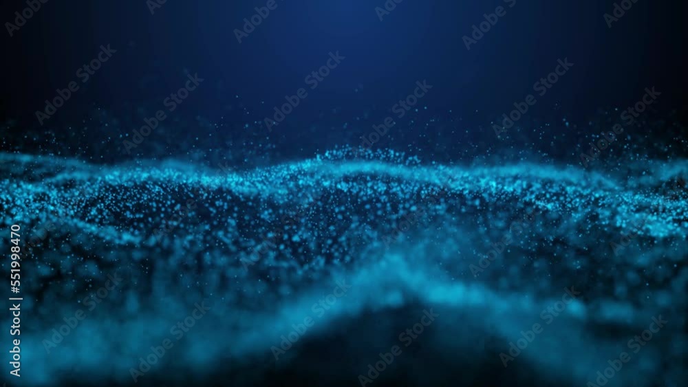 Poster a wave of particles. abstract background with dynamic blue wave. digital background with moving part