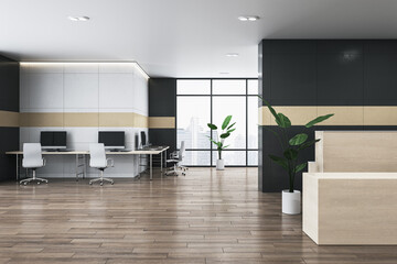 Contemporary office lobby interior with furniture, reception desk, window with city view and wooden flooring. 3D Rendering.