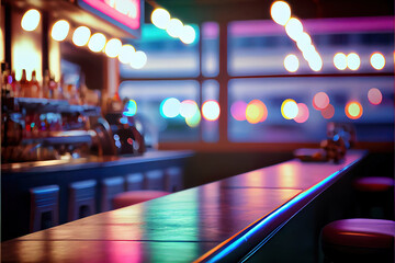 miami bar background with empty wooden table for product display, indoor blurred background, colorful rainbow color bokeh lights, copy space, LGBT Pride. Rainbow flag, symbol gays and lesbians LGBT, L - obrazy, fototapety, plakaty