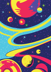 Outer space background. Cosmos scenes with planets, stars, comets. Vector illustration of galaxy.