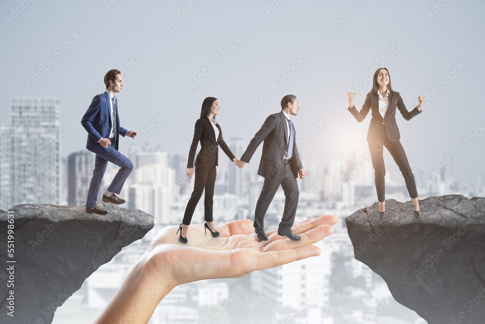 Aufkleber Creative image of team helping each other walk through obstacle on abstract city background with cliff gap. Teamwork, help, success and concept.