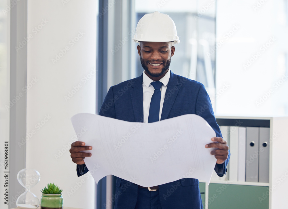 Poster black man, planning and architect with blueprint for architecture, construction and contractor in of