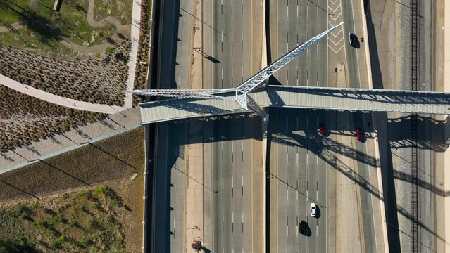 Top down aerial of Skydance Bridge over intersate 35, I-35 in Oklahoma City, OKC.