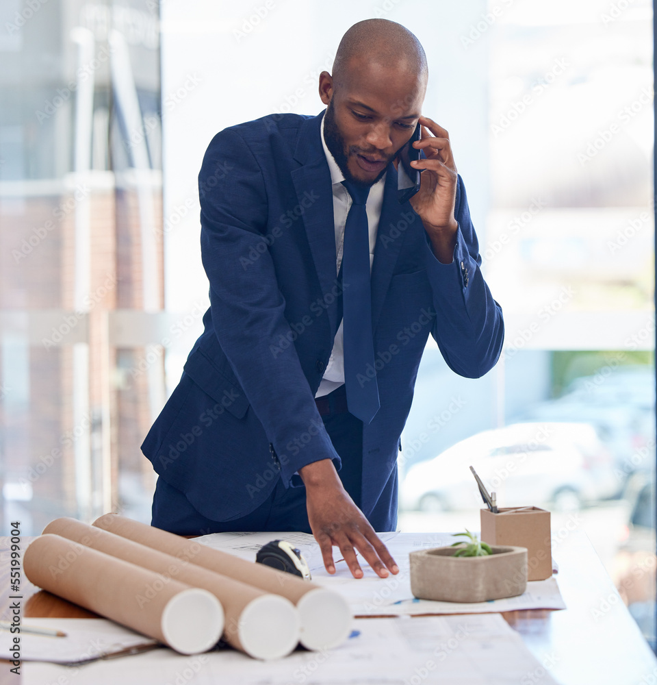 Poster architect, business and black man on phone call and blueprint, communication and contact with networ