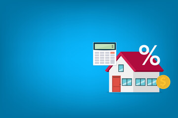 Mortgage and home buying concept. Calculator, coin and percent symbol with house icon.