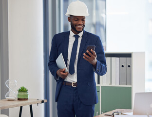 Architect, architecture and black man with smartphone in office, check social media or email with...