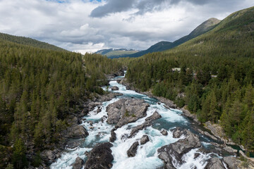 Fototapeta na wymiar aerial view of the pollfoss waterfall Norway
