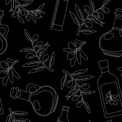 Olive outline seamless pattern. Black and green olive tree branches, glass bottle and jug of oil, bowl, jar, and cans. Vector illustration isolated on background for healthy food or cooking concept