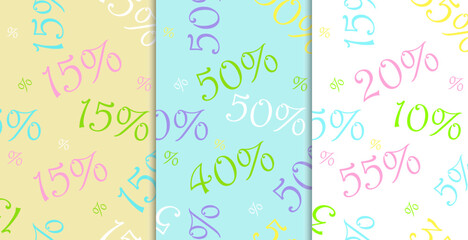 Set of sale colorful Seamless pattern made of discount signs on pastel colors background