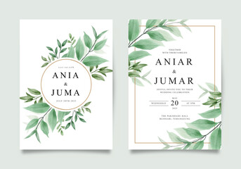 Elegant wedding invitation template with watercolor green leaves