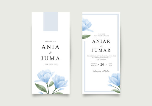 Elegant wedding invitation card with watercolor blue flowers