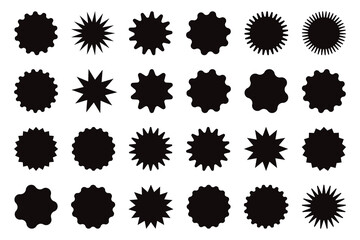 Retro stars, sunburst design elements for sale sticker, price tag, quality mark. Black beams firework.  Flat vector illustration Isolated on white background.