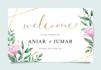Elegant template wedding welcome sign card with pink flowers and green leaves decoration