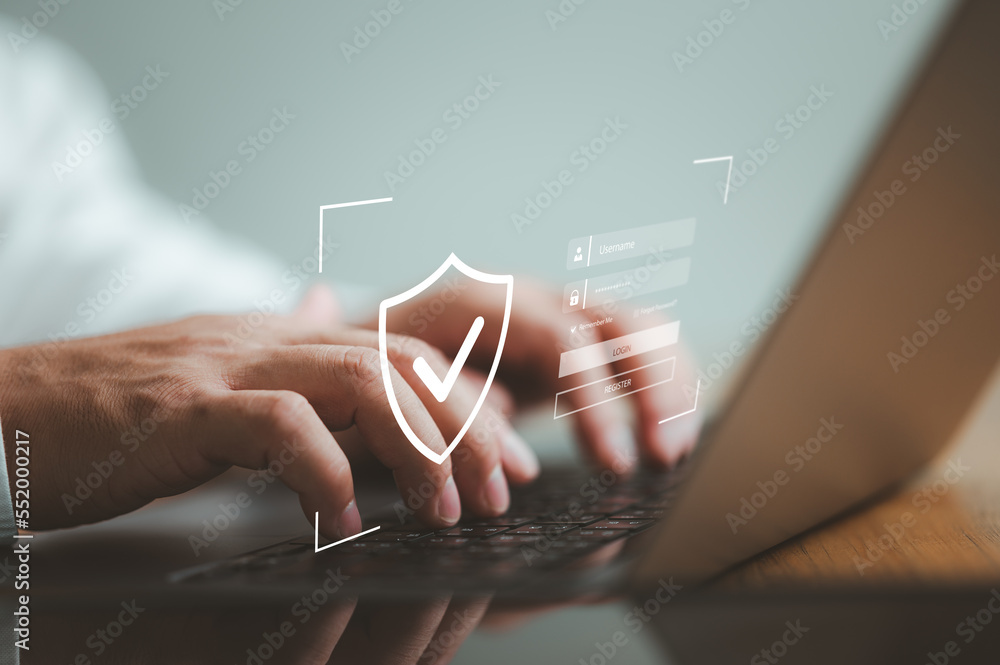 Poster user login to computer by username and password, cyber security concept, information security and encryption, secure access to user's personal information, secure Internet access, cybersecurity.
