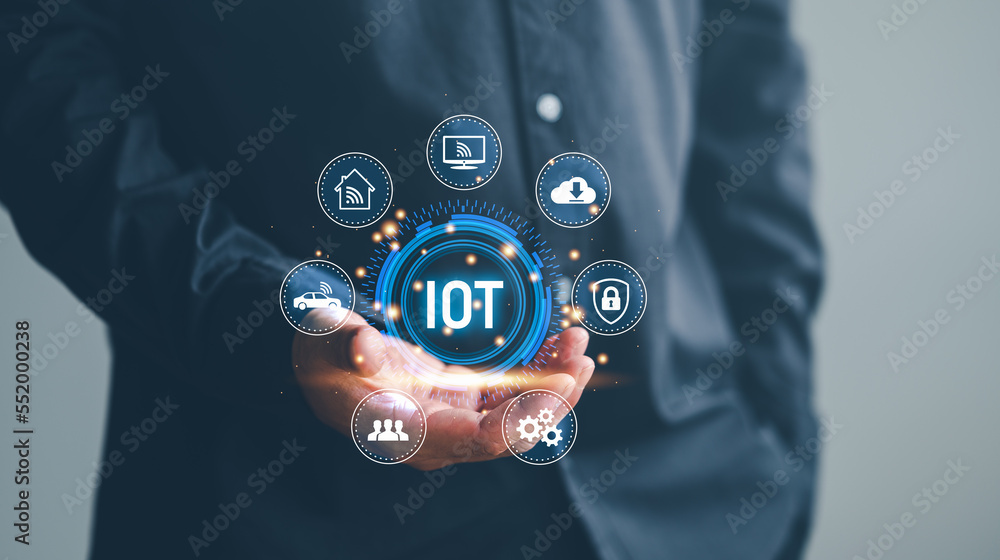 Poster businessman showing iot virtual screen interface. internet of things or iot technology concept, with